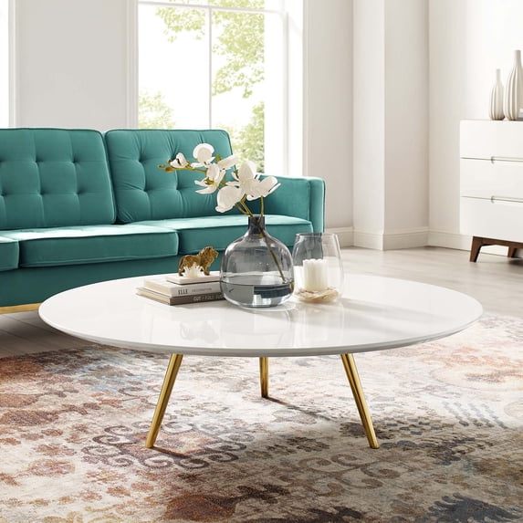 Modway Lippa 47" Round Wood Top Coffee Table with Tripod Base in Gold/White
