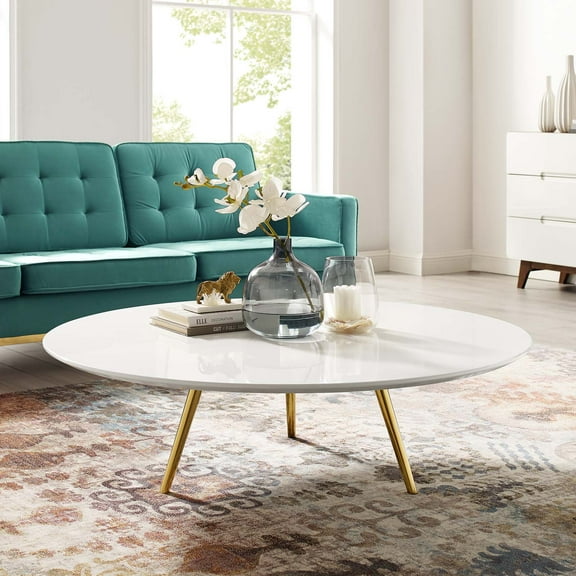 Modway Lippa 48" Round Wood Top Coffee Table with Tripod Base in Gold White