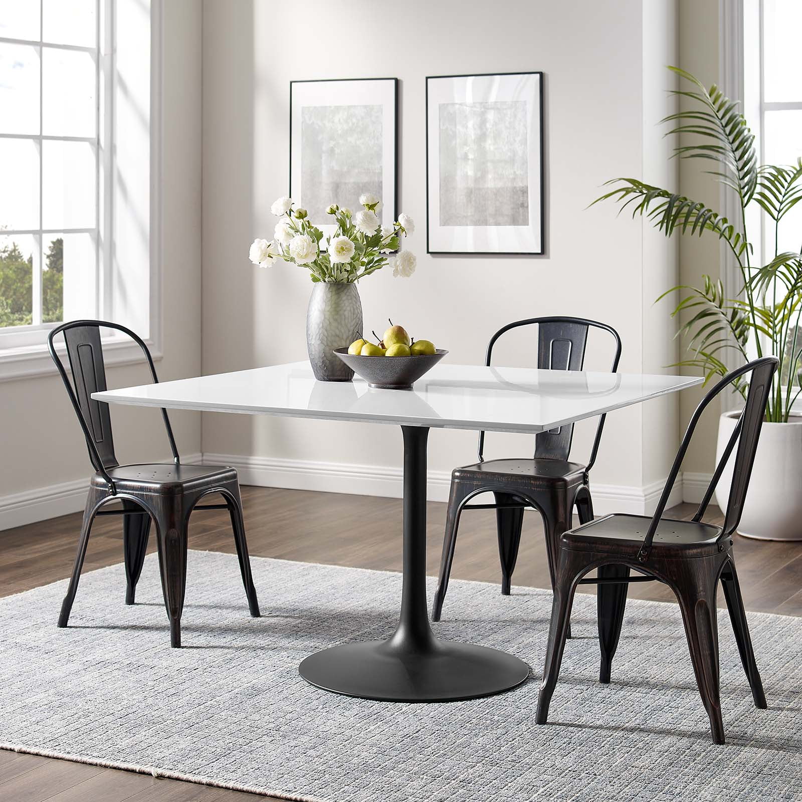 Lippa 47" White Wood Square Dining Table with Black Base