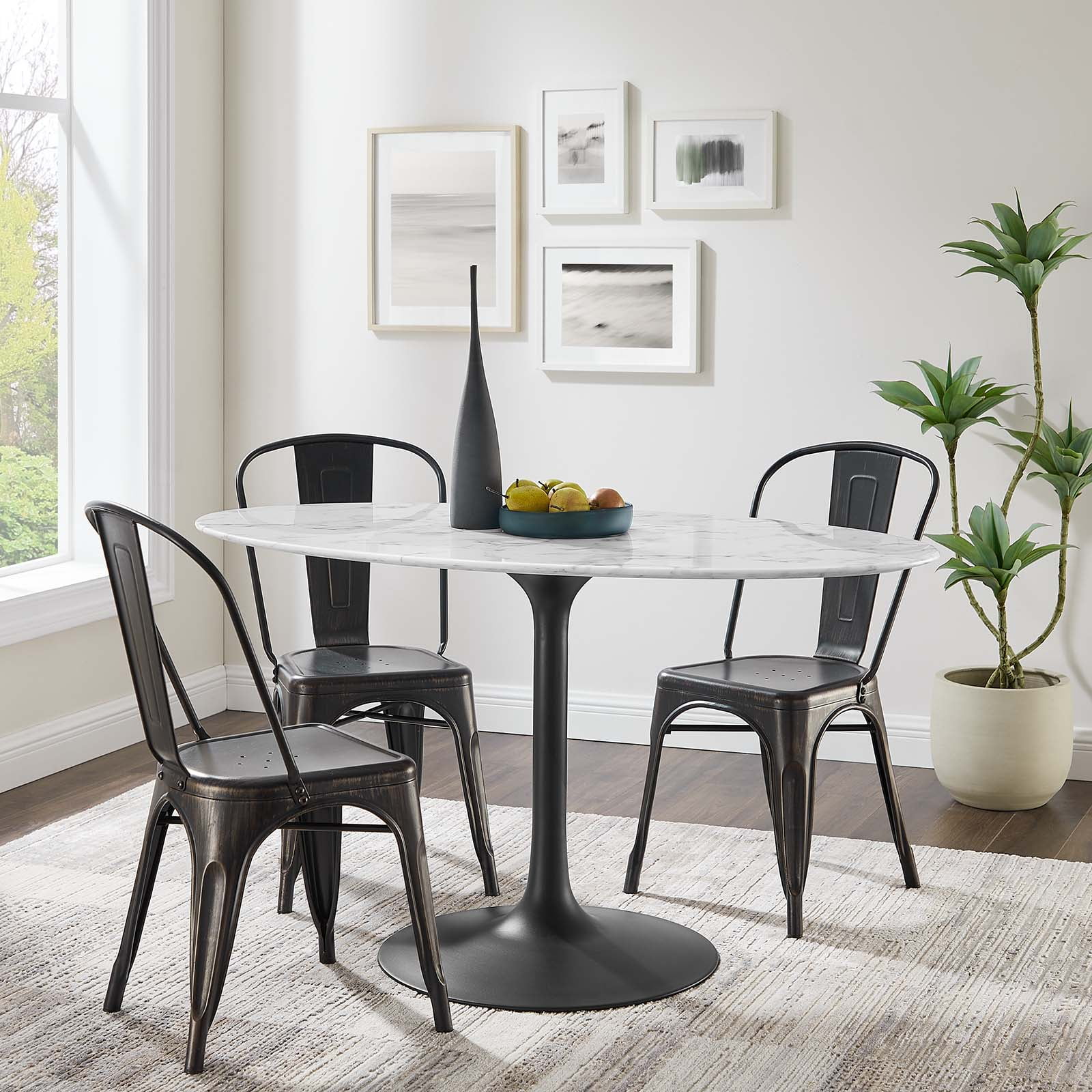 Elegant 54" Oval Marble Dining Table with Tapered Black Base