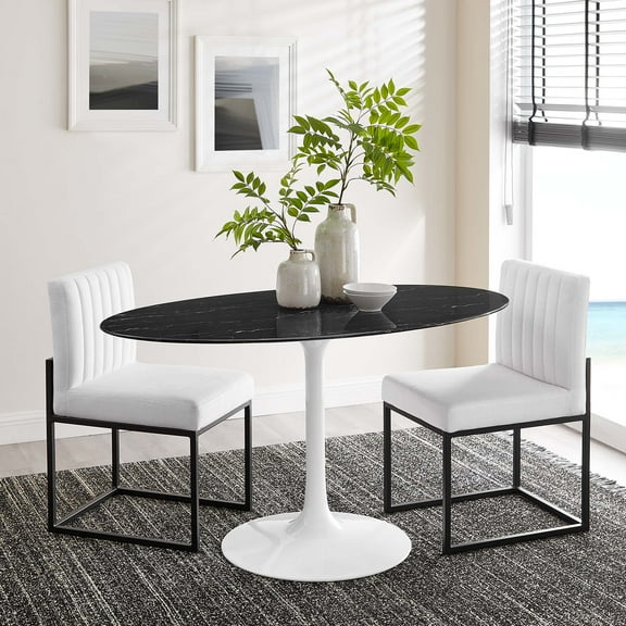 Modway Lippa 54" Oval Artificial Marble Dining Table in White Black
