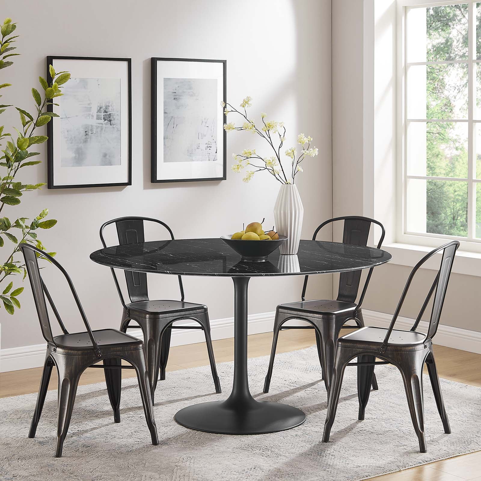 54" Round Black Marble Mid-century Modern Dining Table