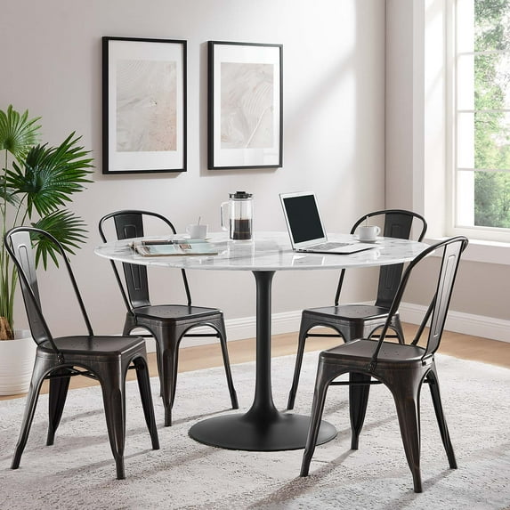 Modway Lippa 54" Round Artificial Marble and Metal Dining Table in Black/White