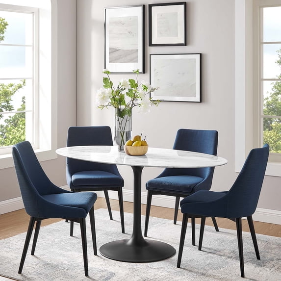 Modway Lippa 60" Oval Artificial Marble and Metal Dining Table in Black/White