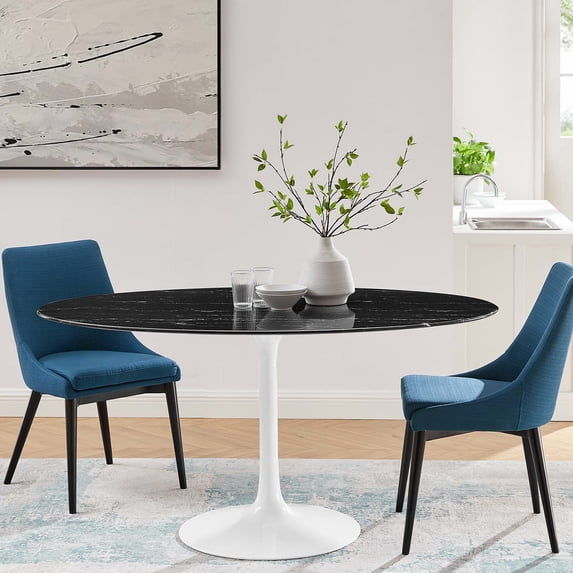 Modway Lippa 60" Oval Artificial Marble Dining Table in White Black