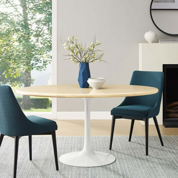 Modway Lippa 60 Oval Artificial Travertine  Dining Table in White Traventine