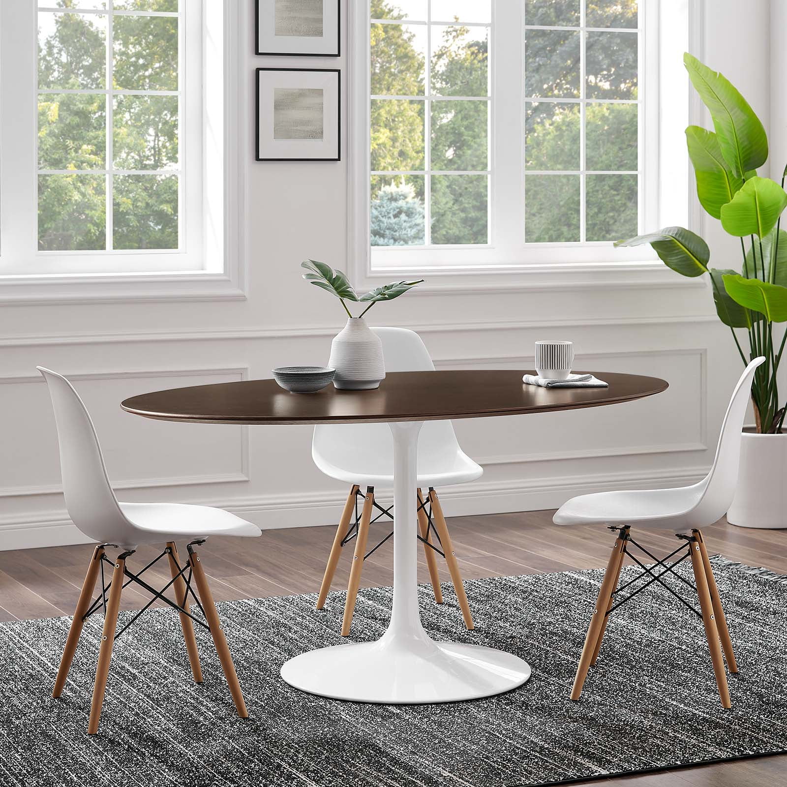 Lippa 60" Walnut Oval Wood Dining Table with White Metal Base