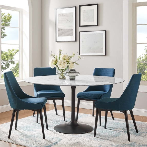 Modway Lippa 60" Round Artificial Marble and Metal Dining Table in Black/White
