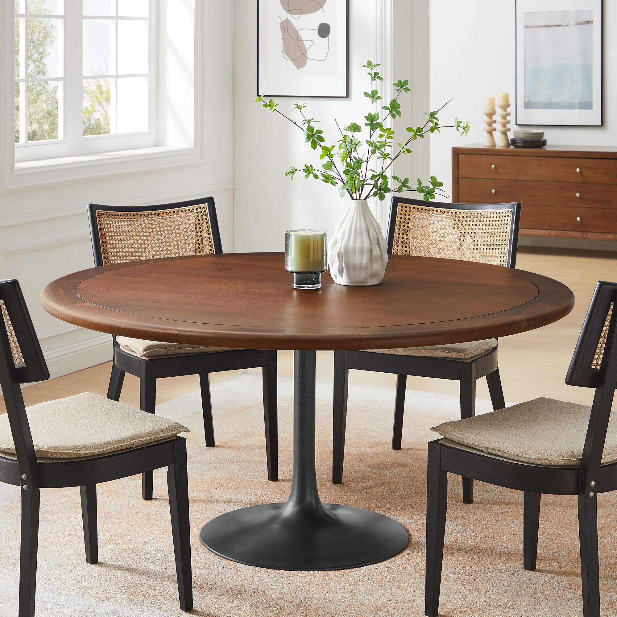 Modway Lippa 60" Round Pedestal Solid Wood and Metal Dining Table in Black Walnut - Walmart.com