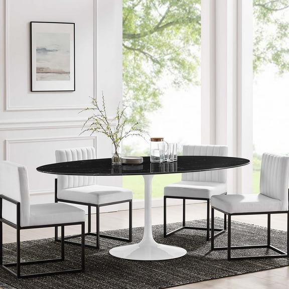 Modway Lippa 78" Oval Artificial Marble Dining Table in White Black
