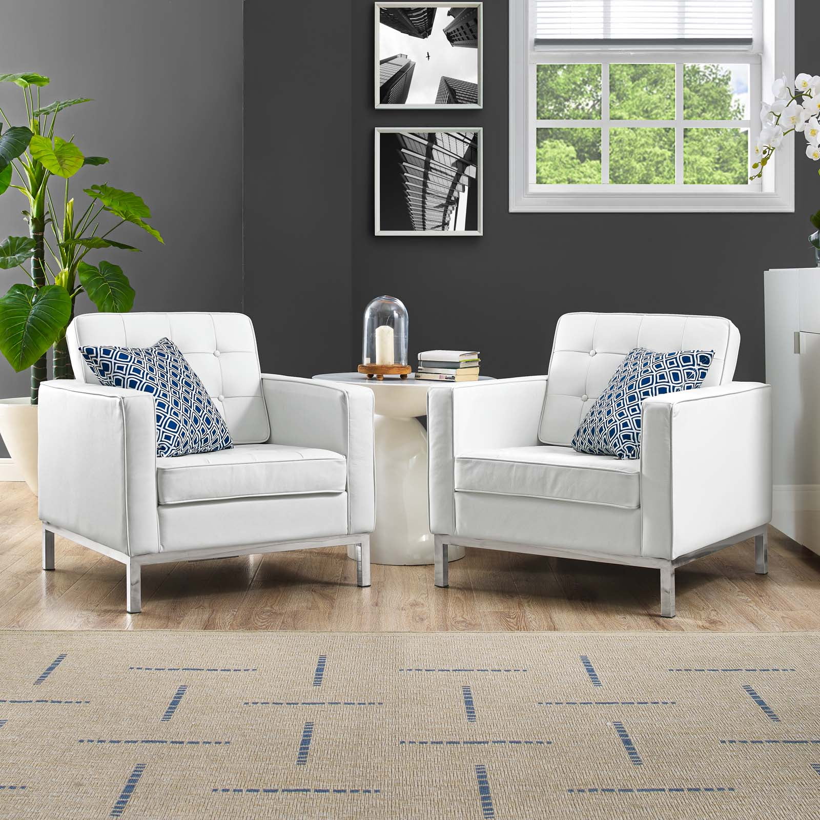 Mid-Century Modern Cream White Leather Armchair Set with Metal Frame