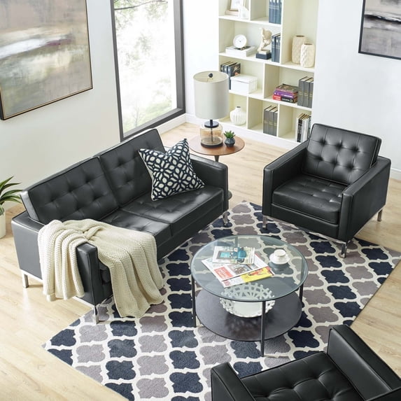 Modway Loft Tufted Upholstered Faux Leather Loveseat and Armchair Set in Silver Tan