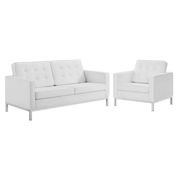 Modway Loft Tufted Upholstered Faux Leather Loveseat and Armchair Set in Silver White
