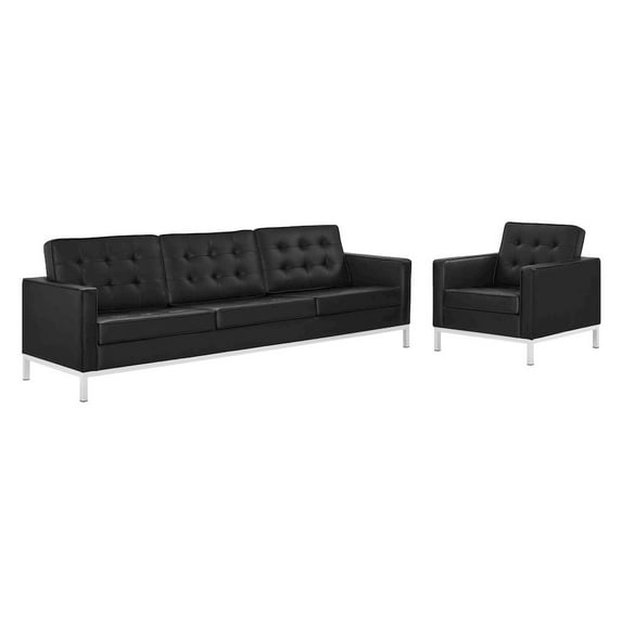 Modway Loft Tufted Upholstered Faux Leather Sofa and Armchair Set in Silver Black