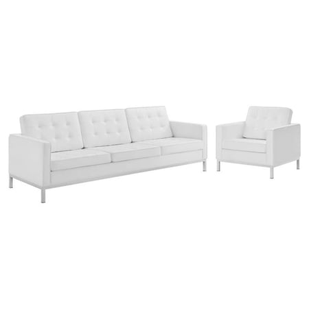 Modway Loft 2-Piece Modern Tufted Faux Leather Sofa and Armchair Set in White