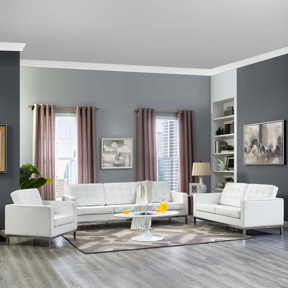 Modway Loft 3 Piece Leather Sofa Loveseat and Armchair Set, Multiple Colors