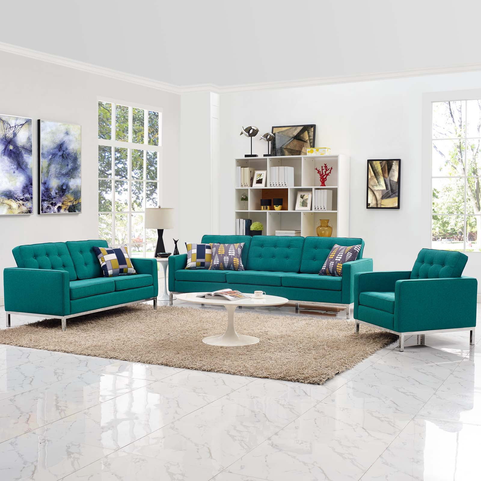 Modway Loft 3 Piece Upholstered Fabric Sofa Loveseat and Armchair Set ...