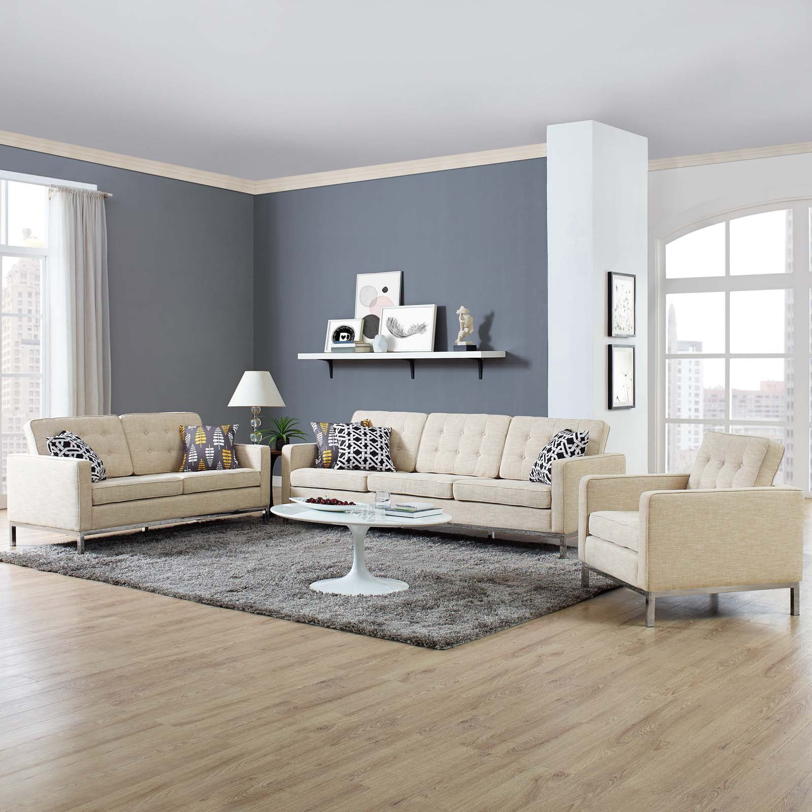 Modway Loft 3 Piece Upholstered Fabric Sofa Loveseat and Armchair Set ...