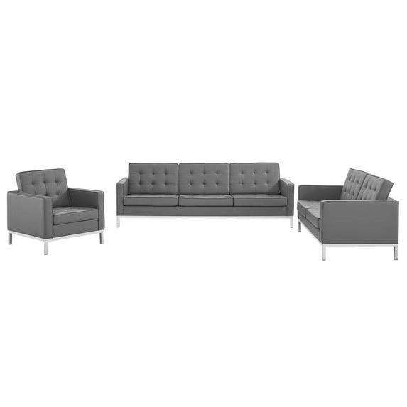 Modway Loft Tufted Upholstered Faux Leather 3 Piece Set in Silver Gray