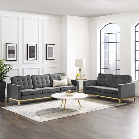 Modway Loft Gold Stainless Steel Leg Performance Velvet Sofa and Loveseat Set in Gold Gray