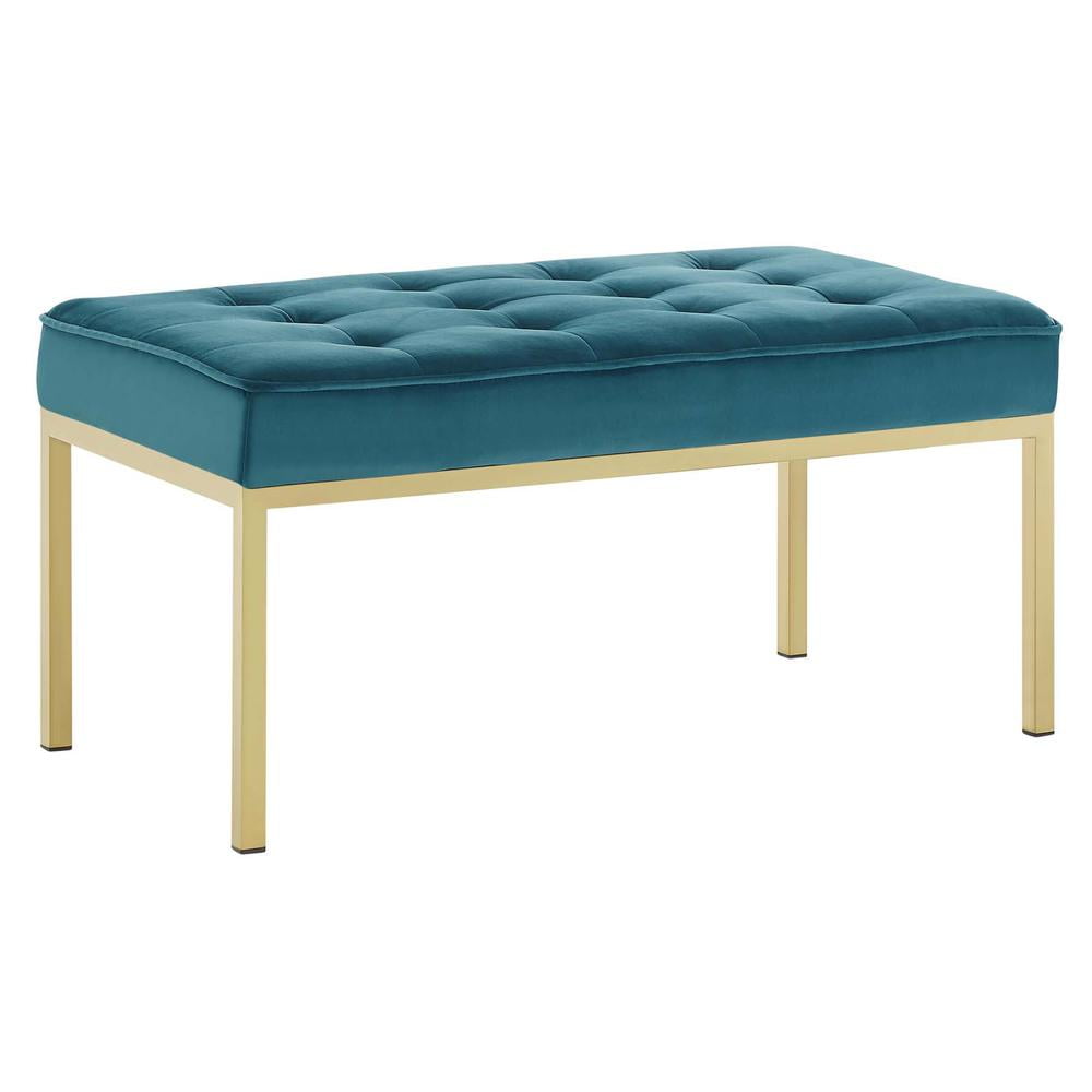 Mid-Century Modern Teal Performance Velvet Bench with Gold Stainless Steel Legs