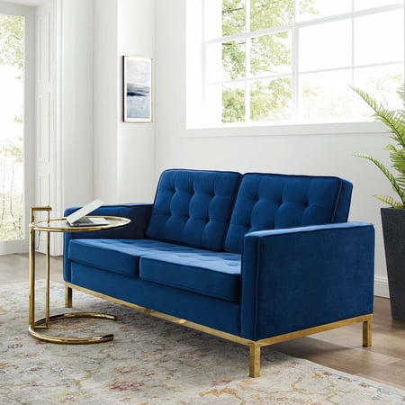 Modway Loft Gold Stainless Steel Leg Performance Velvet Loveseat in Gold Navy