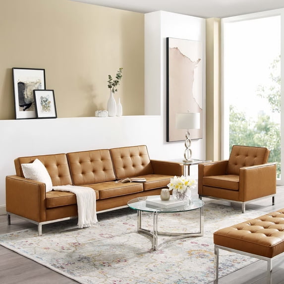 Modway Loft 2-Piece Modern Tufted Faux Leather Sofa and Armchair Set in Tan