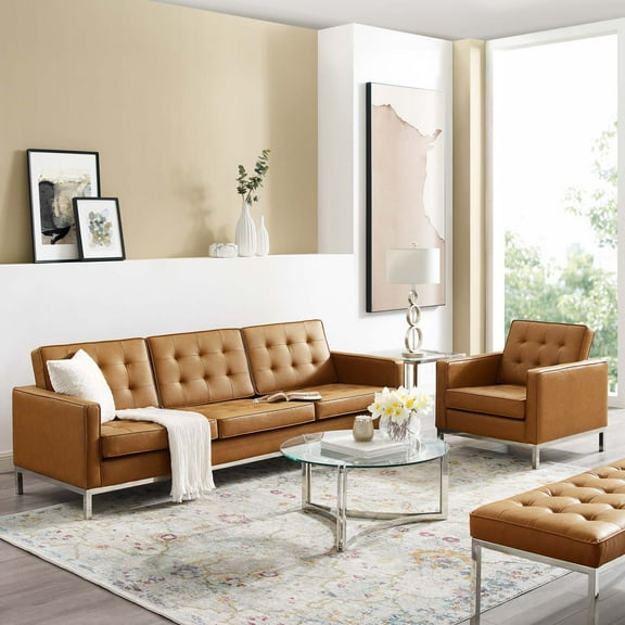 Modway Loft Tufted Upholstered Faux Leather Sofa and Armchair Set in Silver Tan