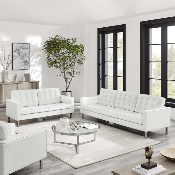 Modway Loft Tufted Vegan Leather 2-Piece Furniture Set in Silver White