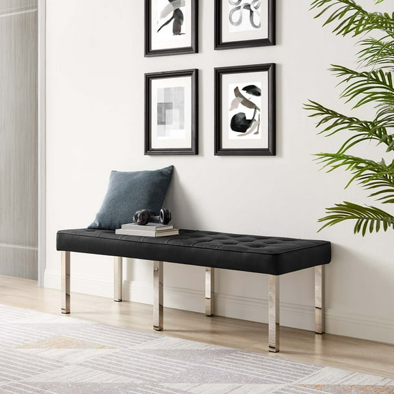 Modway Loft Tufted Vegan Leather Stainless Steel Bench in Silver/Black