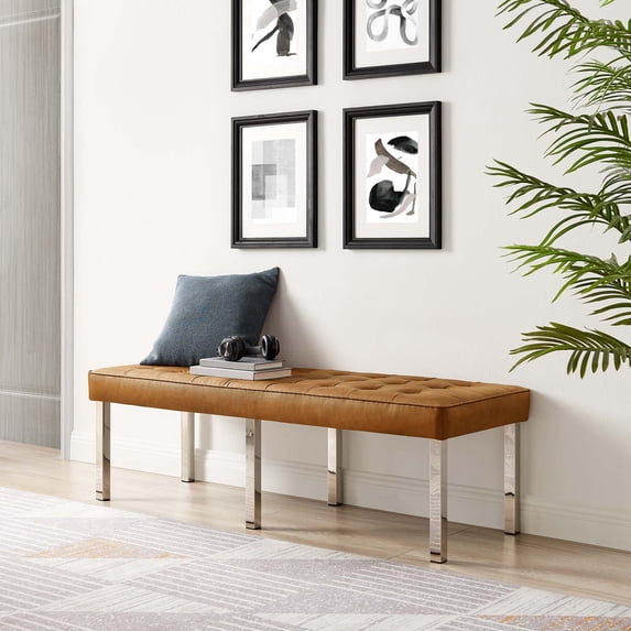 Modway Loft Tufted Vegan Leather Bench in Silver Tan