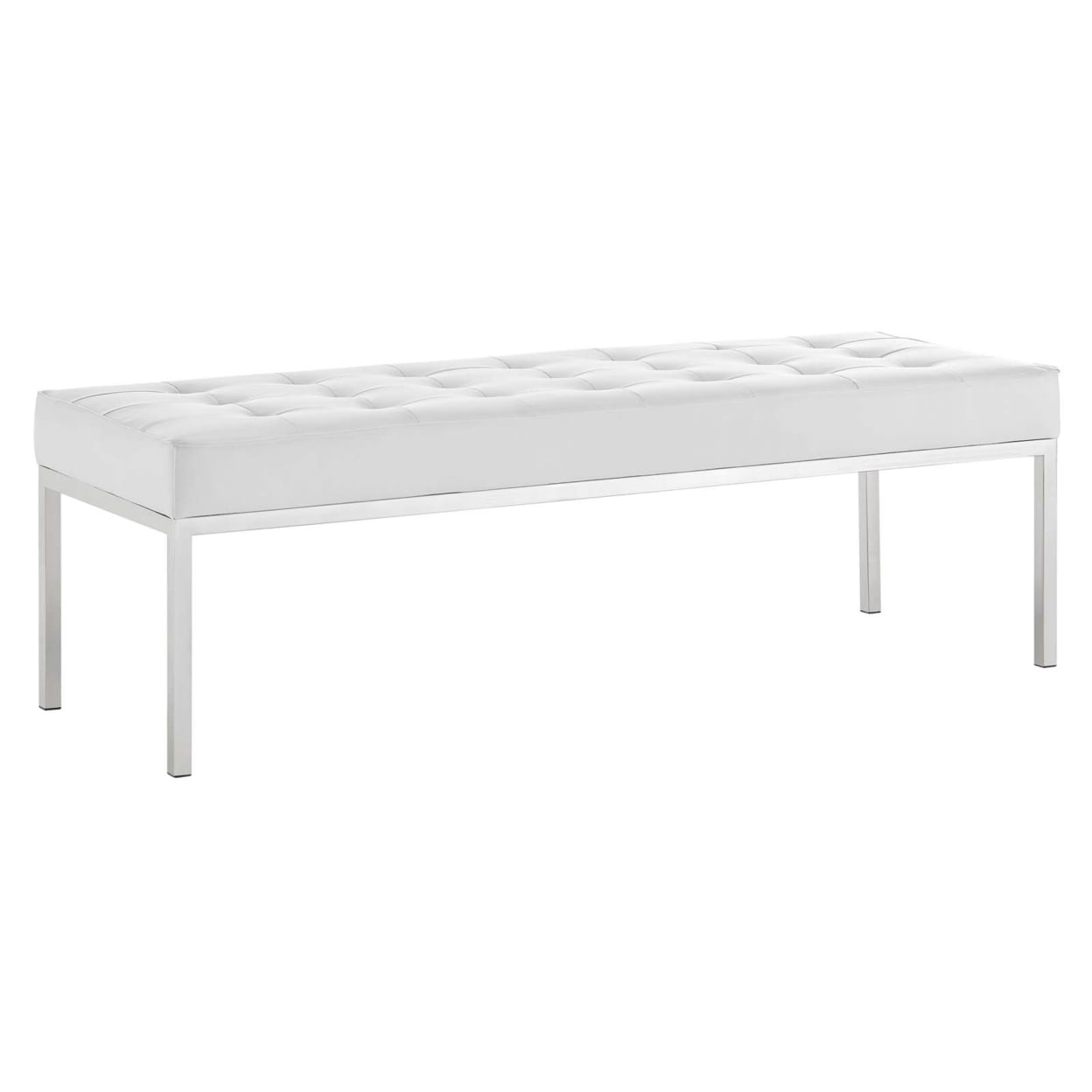 White Vegan Leather Tufted Bench with Stainless Steel Legs