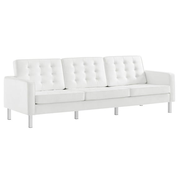 Modway Loft Tufted Vegan Leather Sofa in Silver White