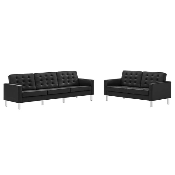 Modway Loft Tufted Vegan Leather Upholstered 2-Piece Living Room Furniture Set in Silver Black
