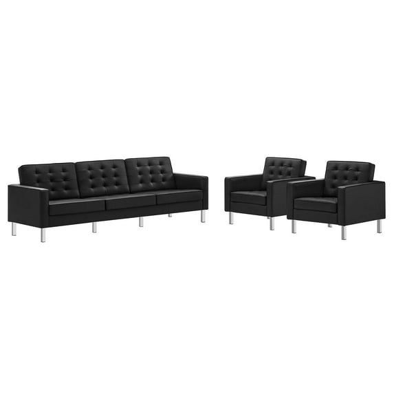 Modway Loft Tufted Vegan Leather Upholstered 3-Piece Living Room Furniture Set in Silver Black