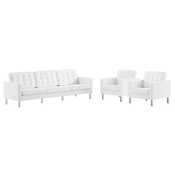Modway Loft Tufted Vegan Leather Upholstered 3-Piece Living Room Furniture Set in Silver White