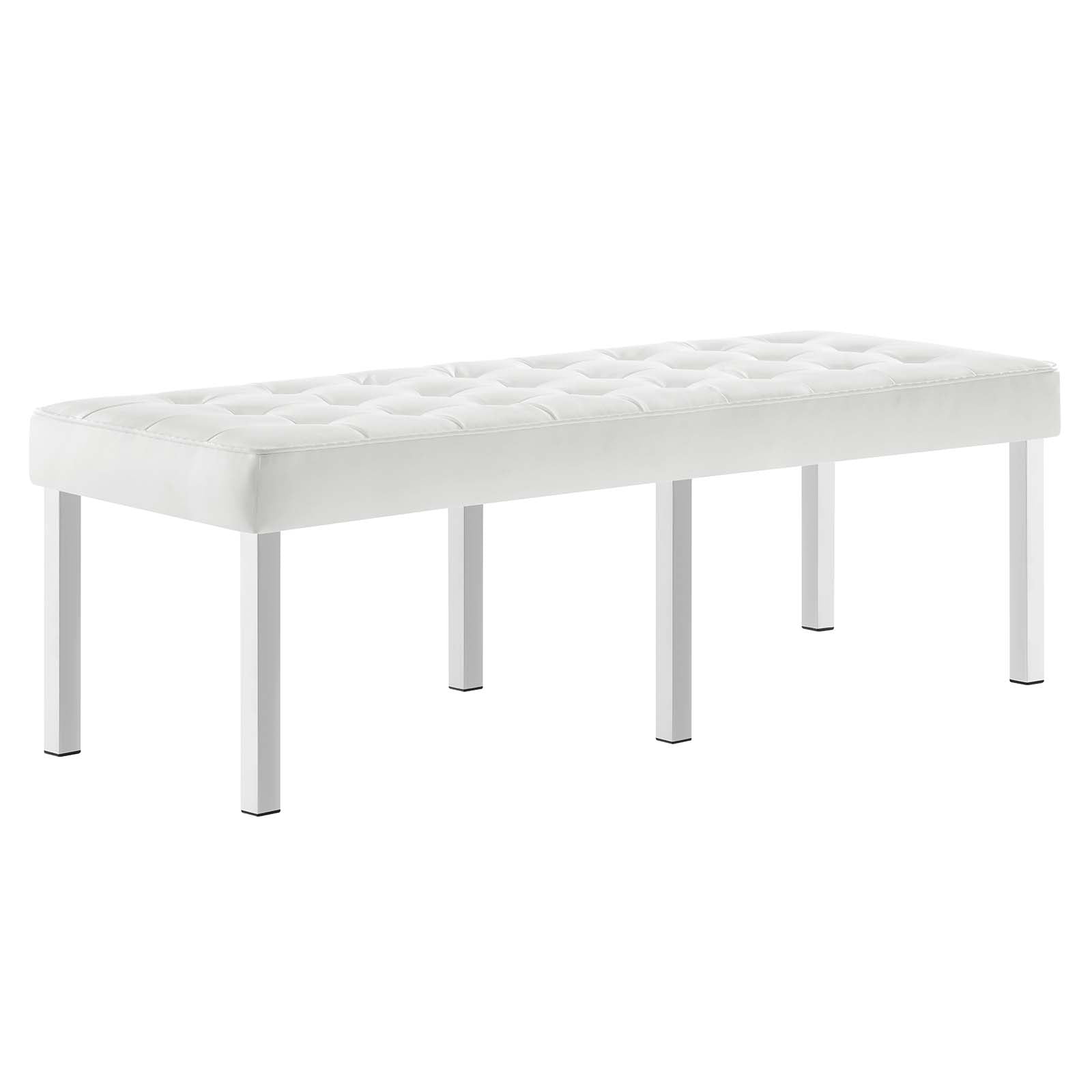 White Vegan Leather Tufted Bench with Stainless Steel Legs