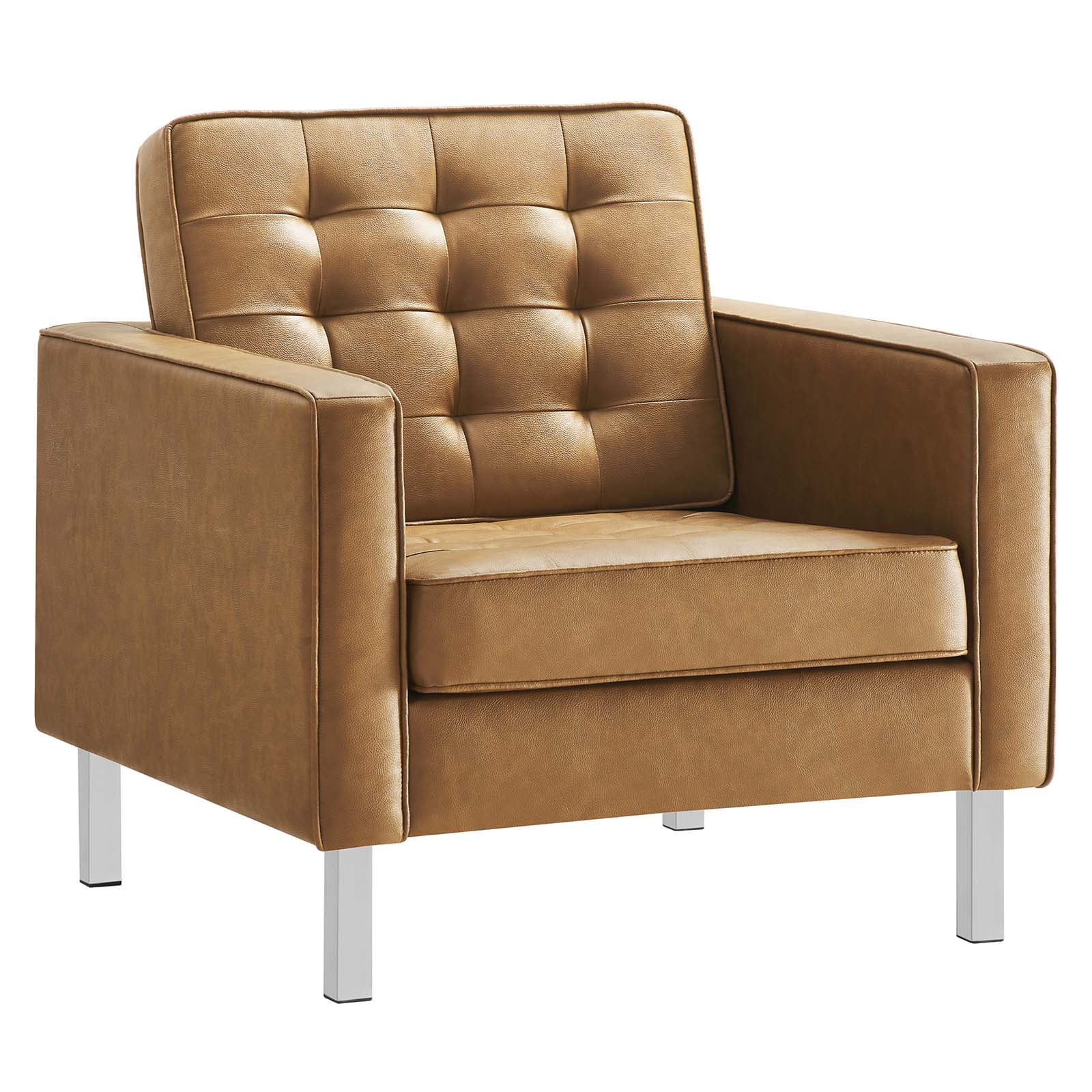 Mid-Century Modern Silver Tan Faux Leather Accent Chair