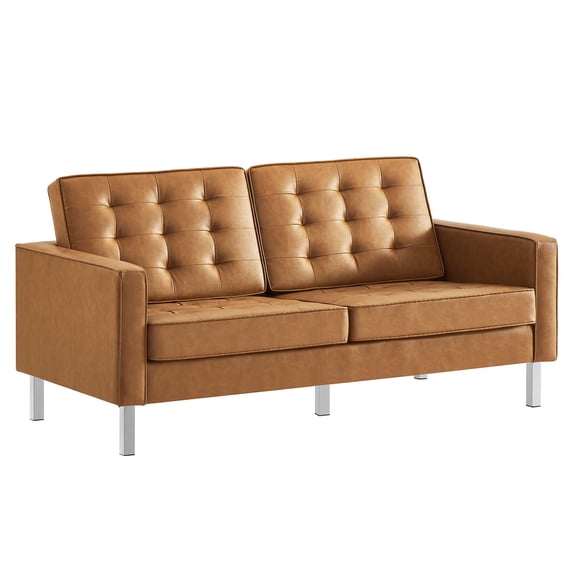 Modway Loft Tufted Vegan Leather Upholstered Living Room Loveseat in Silver Tan