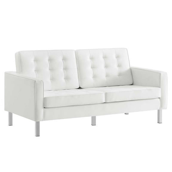Modway Loft Tufted Vegan Leather Upholstered Living Room Loveseat in Silver White