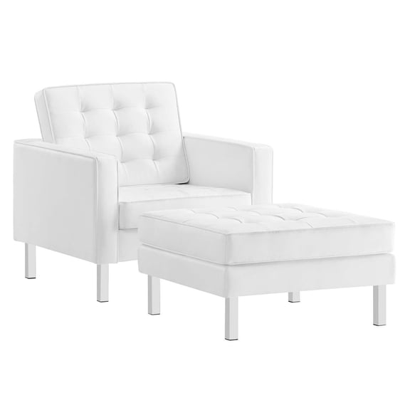 Modway Loft Vegan Leather Vinyl Armchair and Ottoman Set in Silver/Black