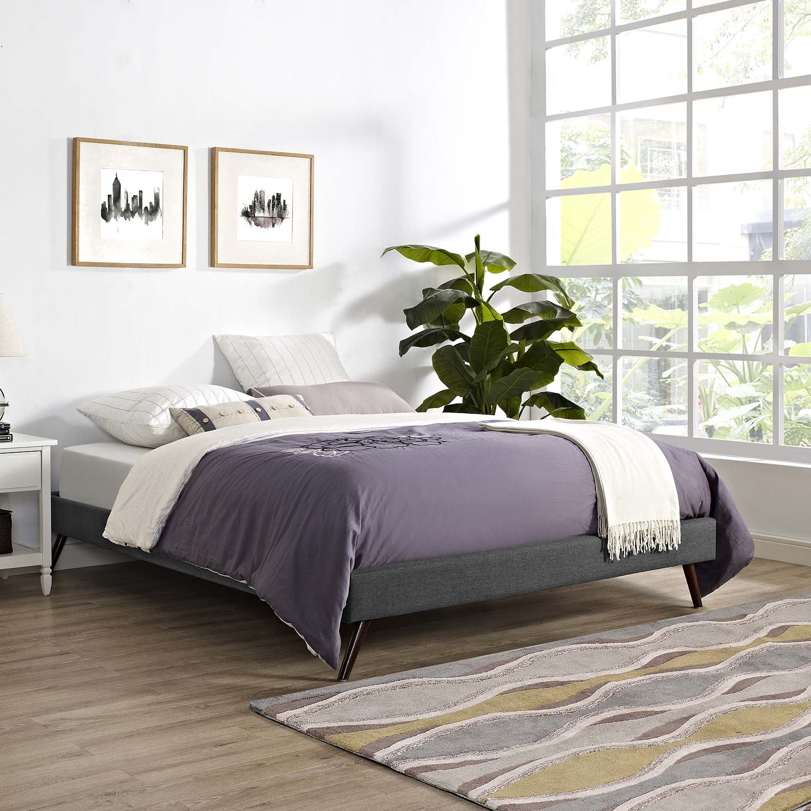 Modway Loryn Queen Fabric Bed Frame with Round Splayed Legs in Gray
