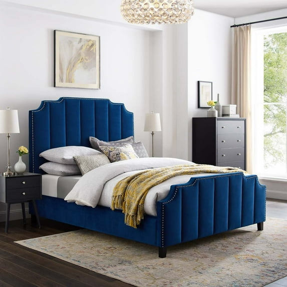 Modway Lucille Queen Performance Velvet Platform Bed, Blue