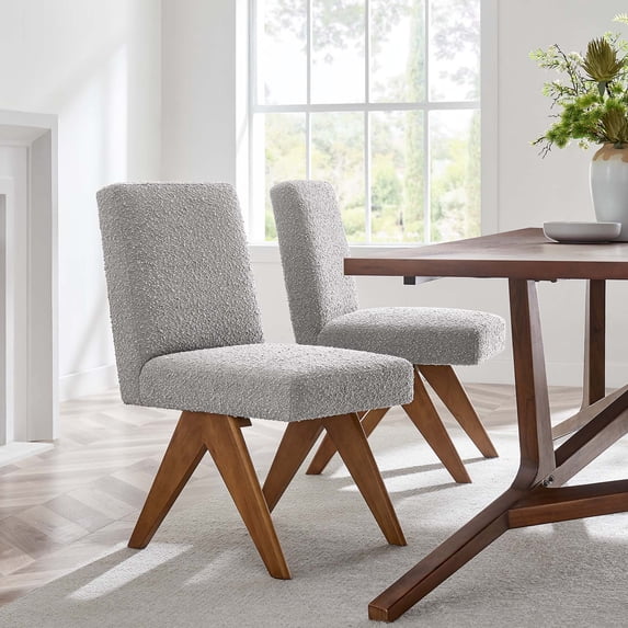 Modway Lyra Boucle Fabric Dining Room Side Chair - Set of 2 in Light Gray