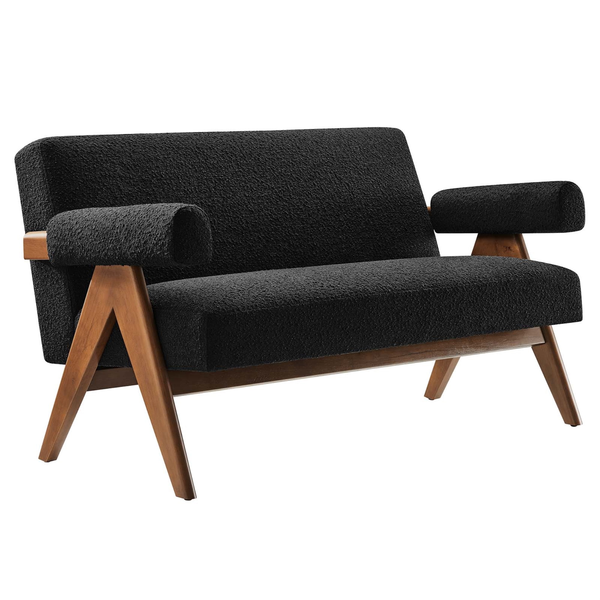 Lyra Black Boucle Fabric Loveseat with Wood Legs
