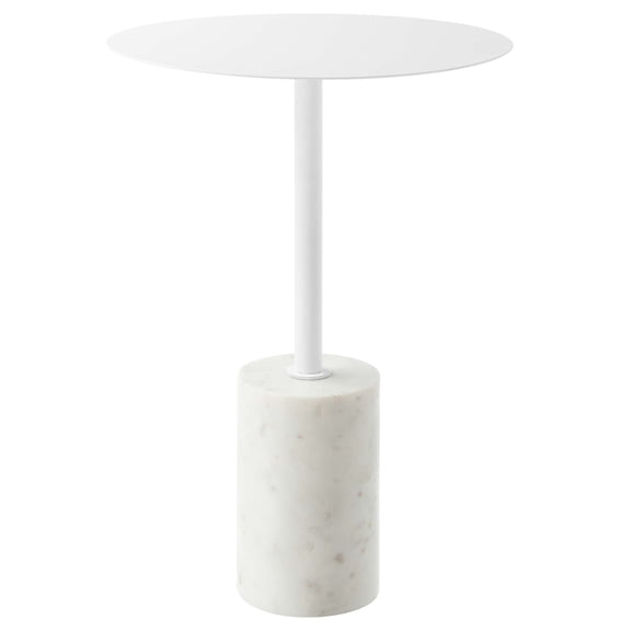 Modway Lyric Round Marble & Iron Side Table with Cylinder Base in White