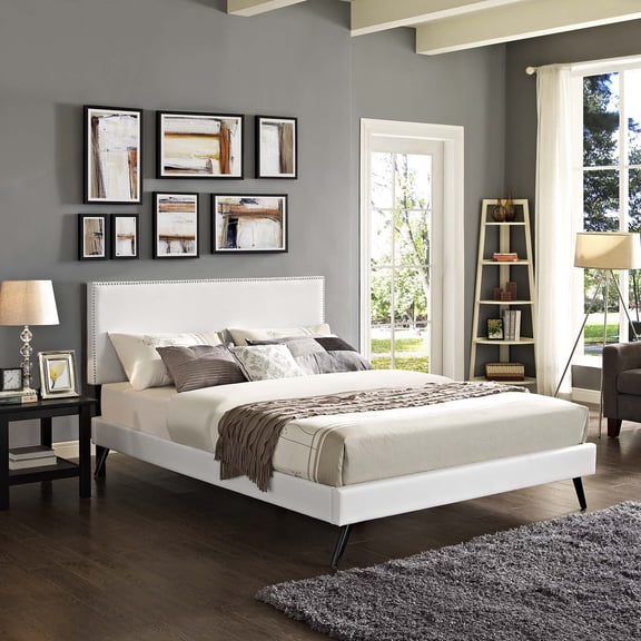 Modway Macie Full Vinyl Platform Bed with Round Splayed Legs in White