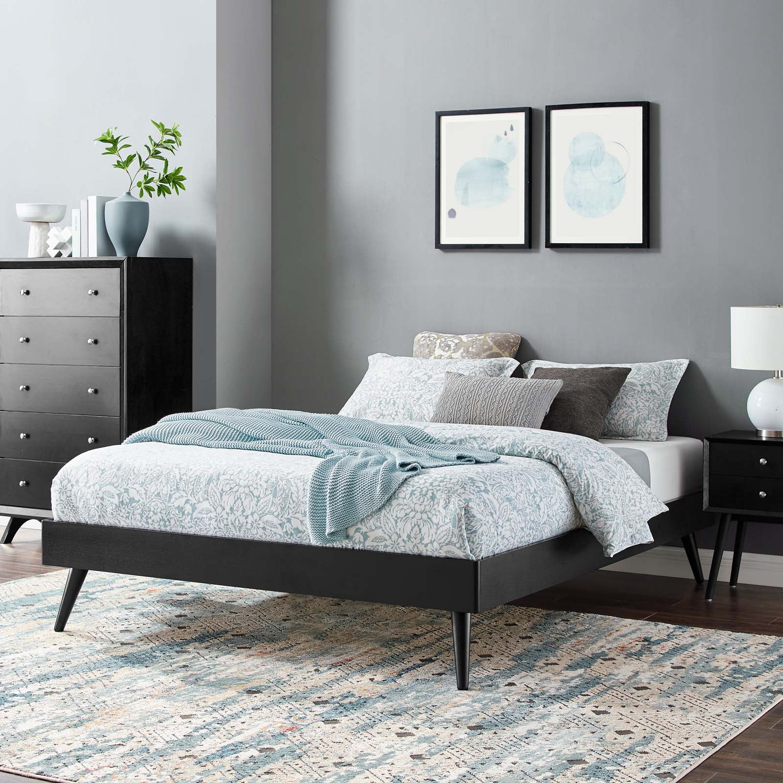 Margo Black Full Wood Platform Bed Frame with Upholstered Headboard