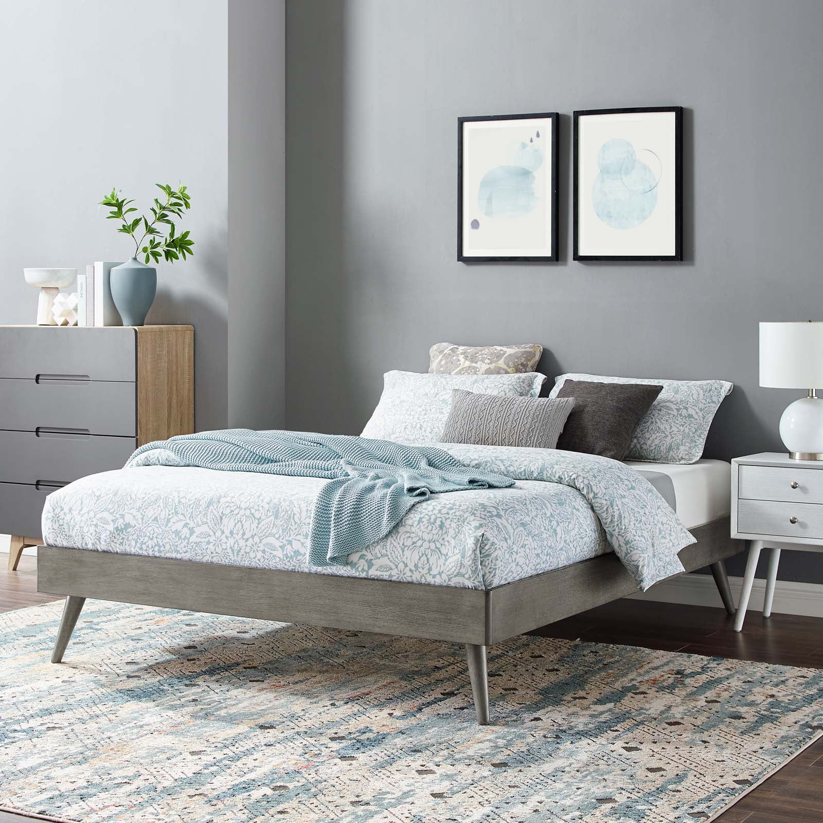 Margo Mid-Century Gray Queen Platform Bed with Wood Slats
