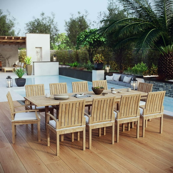 Modway Marina 11 Piece Outdoor Patio Teak Dining Set in Natural White